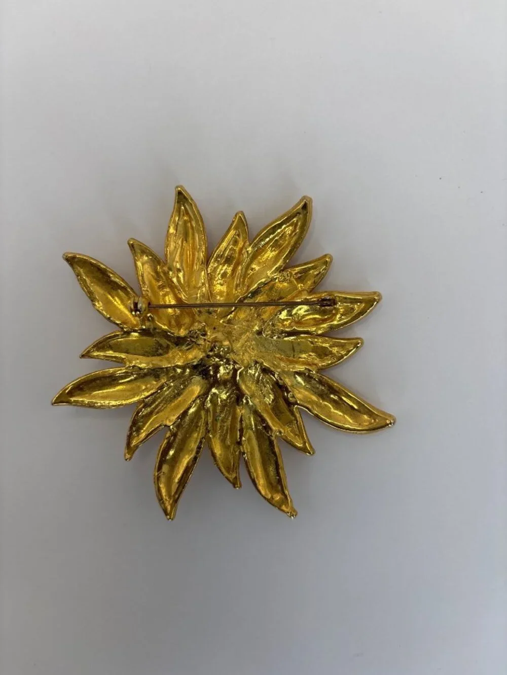 Vintage Gold Tone Large Floral Brooch Pin Rhinestone Center